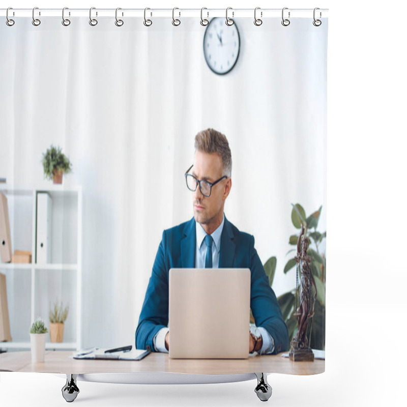 Personality  Handsome Lawyer In Eyeglasses Using Laptop And Looking Away In Office Shower Curtains