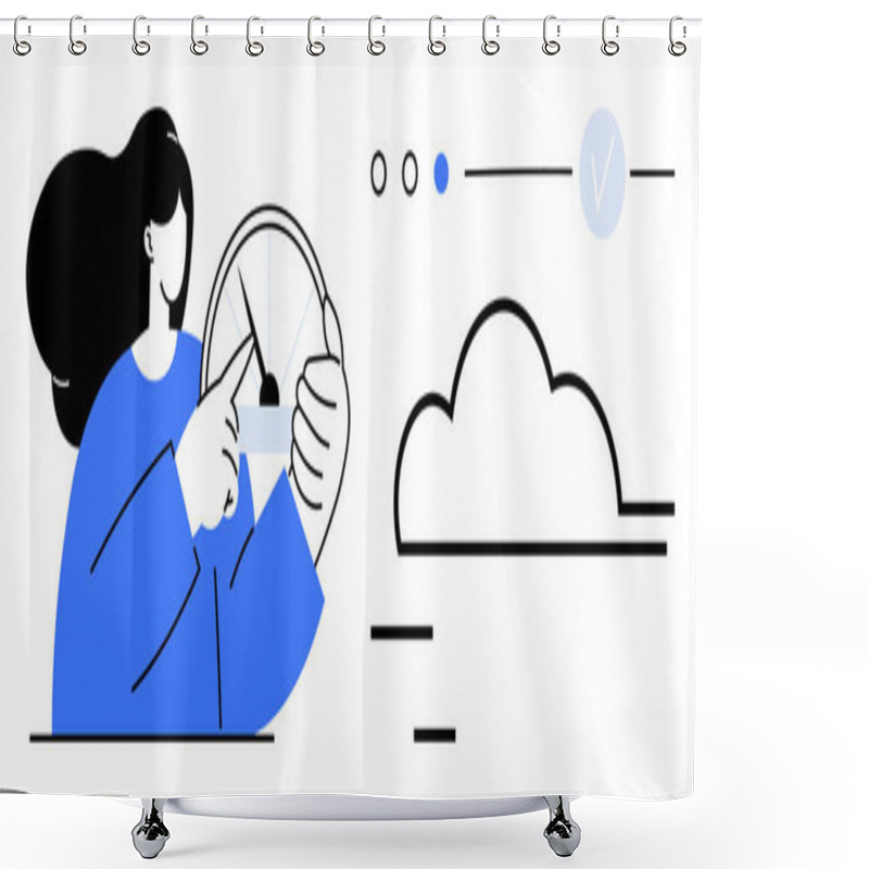 Personality  Woman Pointing At Speedometer Next To Cloud Interface And Status Checkmark. Ideal For Performance Monitoring, Data Analysis, Cloud Computing, User Interface Design, Productivity, Technology Shower Curtains