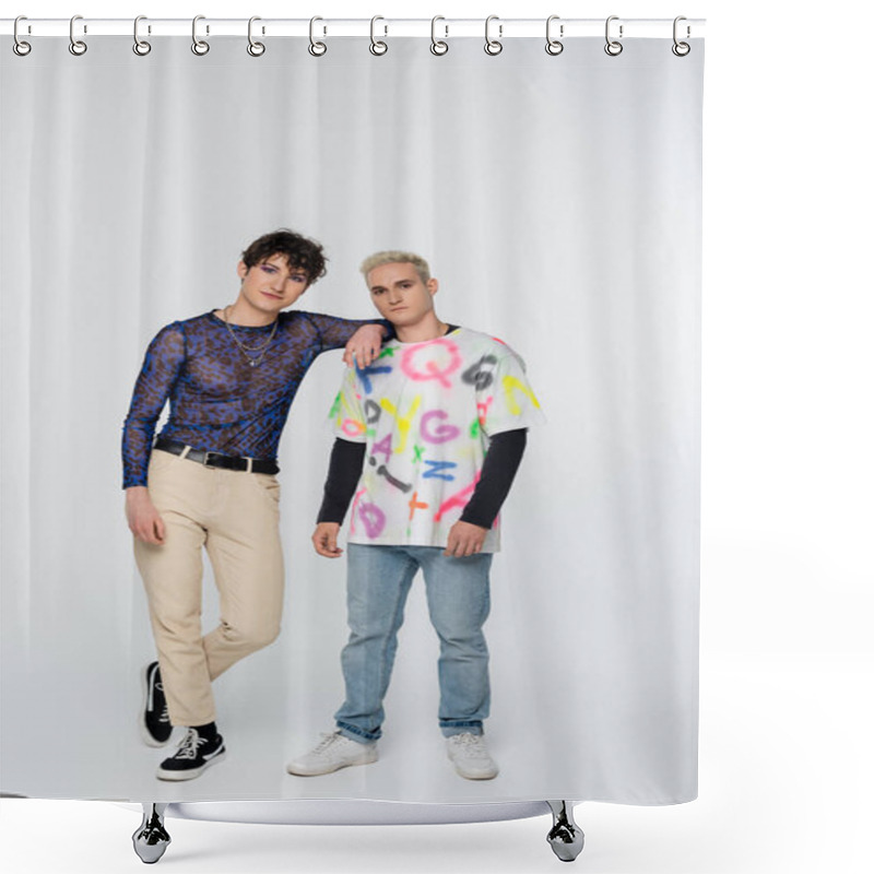 Personality  Stylish Queer Person Leaning On Gay Man While Looking At Camera On Grey Background Shower Curtains