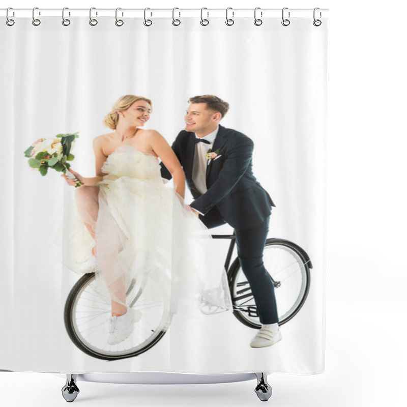 Personality  Happy Bride With Wedding Bouquet Sitting On Bicycle Together With Smiling Groom Isolated On White Shower Curtains