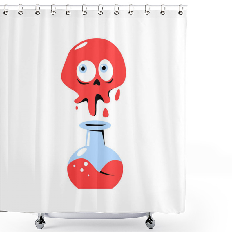 Personality  A Skull Melting Above A Glass Potion Bottle Filled With A Red Liquid, Symbolizing Poison, Danger, And Halloween. The Skull Has Large Round Eyes And Appears Surprised Or Shocked. Shower Curtains