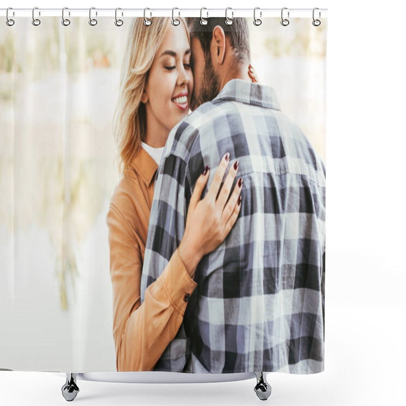 Personality  Happy Young Woman Embracing Boyfriend While Standing Near Lake In Park Shower Curtains