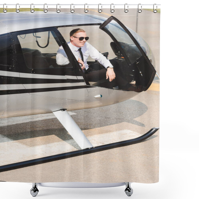 Personality  Mature Pilot In Formal Wear Smiling And Sitting In Helicopter Cabin Shower Curtains