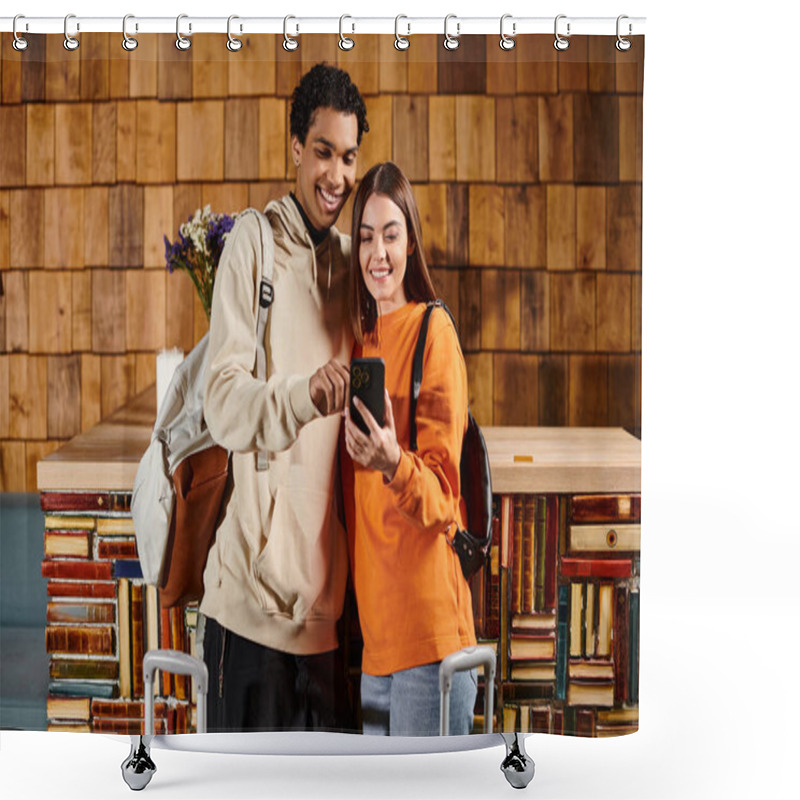 Personality  Diverse Happy Couple Sharing Moment Of Joy As They Browse Through Digital Library On Smartphone Shower Curtains