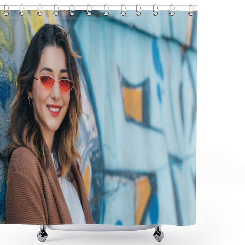 Personality  Stylish Woman In Sunglasses Smiling And Standing Near Wall With Graffiti Shower Curtains