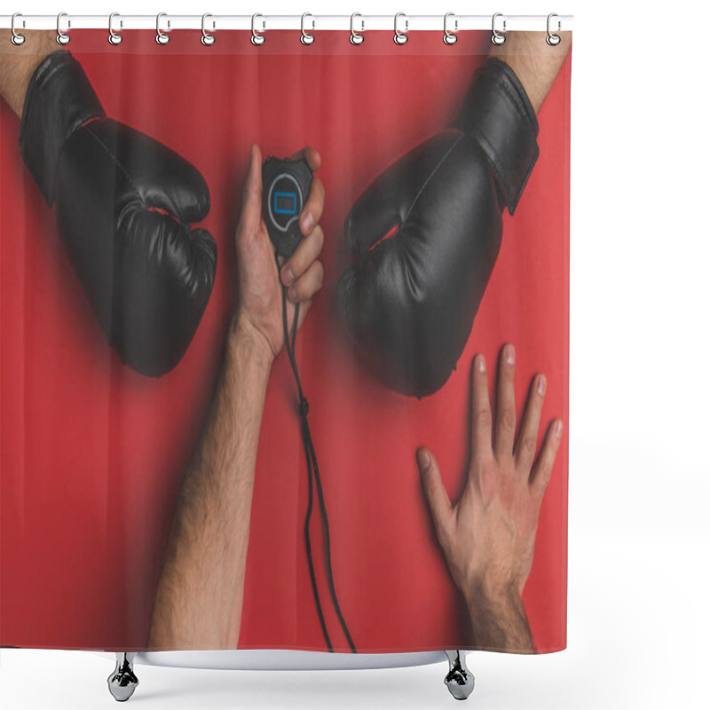 Personality  Cropped Shot Of Fighter In Gloves And His Trainer With Stopwatch On Red Tabletop Shower Curtains