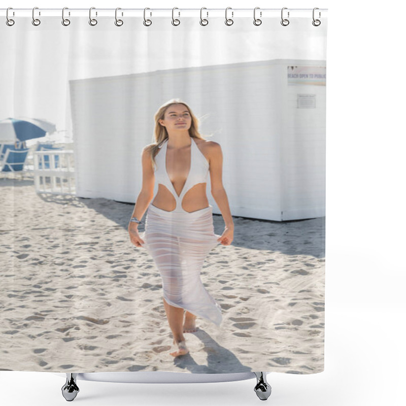 Personality  A Young Blonde Woman Stands Gracefully On A Sandy Beach, Surrounded By The Calming Expanse Of Miami Shoreline. Shower Curtains