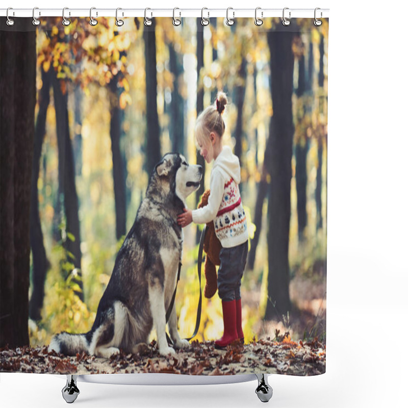 Personality  Red Riding Hood With Wolf In Fairy Tale Woods. Little Girl With Dog In Autumn Forest. Childhood, Game And Fun. Child Play With Husky And Teddy Bear On Fresh Air Outdoor. Activity And Active Rest Shower Curtains