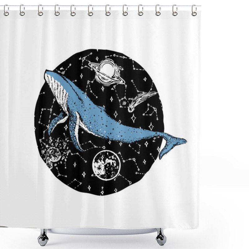 Personality  Blue Whale And Planets In Solar System. Astronomical Galaxy Space. Explore Adventure. Engraved Hand Drawn In Old Sketch.  Shower Curtains