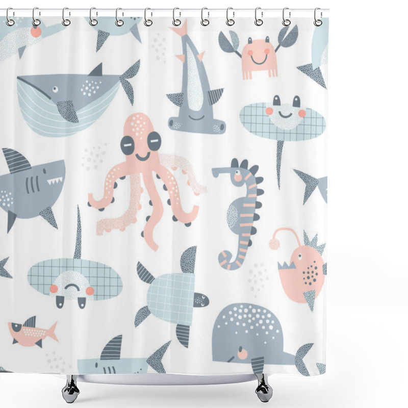 Personality  Underwater Animals Seahorse Shark Hammerhead Stingray Whale Vector Seamless Pattern Shower Curtains