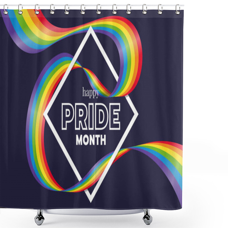 Personality  Happy Pride Month Text Word In Diamond Square Frame And Rainbow Gay Pride Flag Wave Around On Dark Purple Background Vector Design Shower Curtains