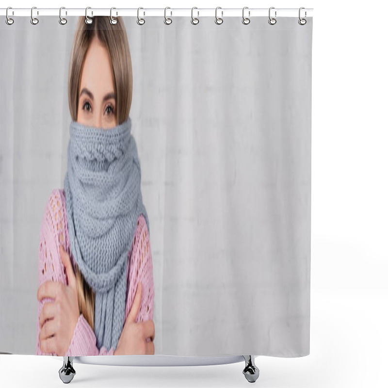 Personality  Young Woman In Sweater And Scarf Suffering From Cold On White Background, Banner  Shower Curtains