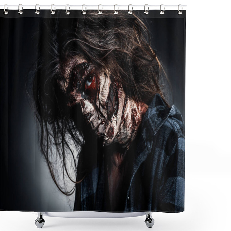 Personality  Scary Zombie On Dark Background, Closeup. Halloween Monster Shower Curtains