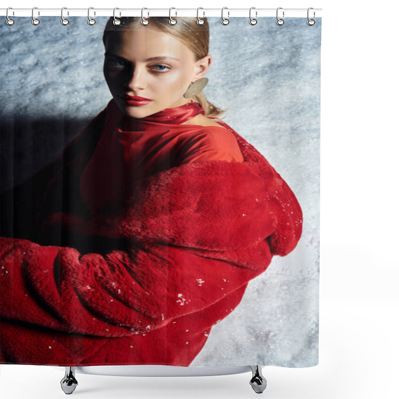 Personality  A Beautiful Young Woman Looks Confident In A Vibrant Red Outfit Against A Snowy Setting. Shower Curtains