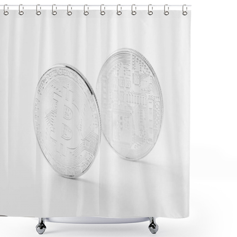 Personality  Close-up Shot Of Bitcoins On White Surface Shower Curtains