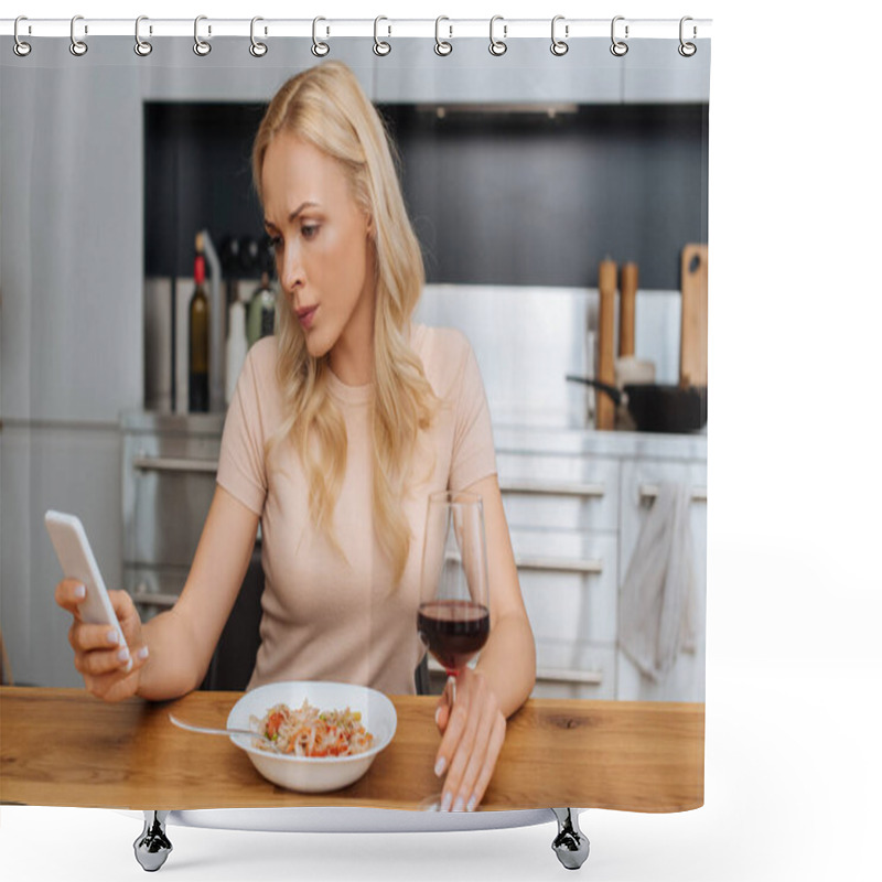 Personality  Thoughtful Woman Chatting On Smartphone While Sitting Near Plate With Thai Noodles And Glass Of Red Wine Shower Curtains