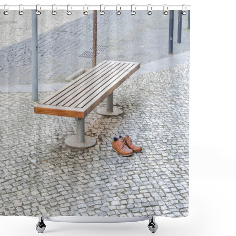 Personality  Brown Leather Shoes On A Cobblestone Pavement Next To A Bench In An Urban Setting. Shower Curtains