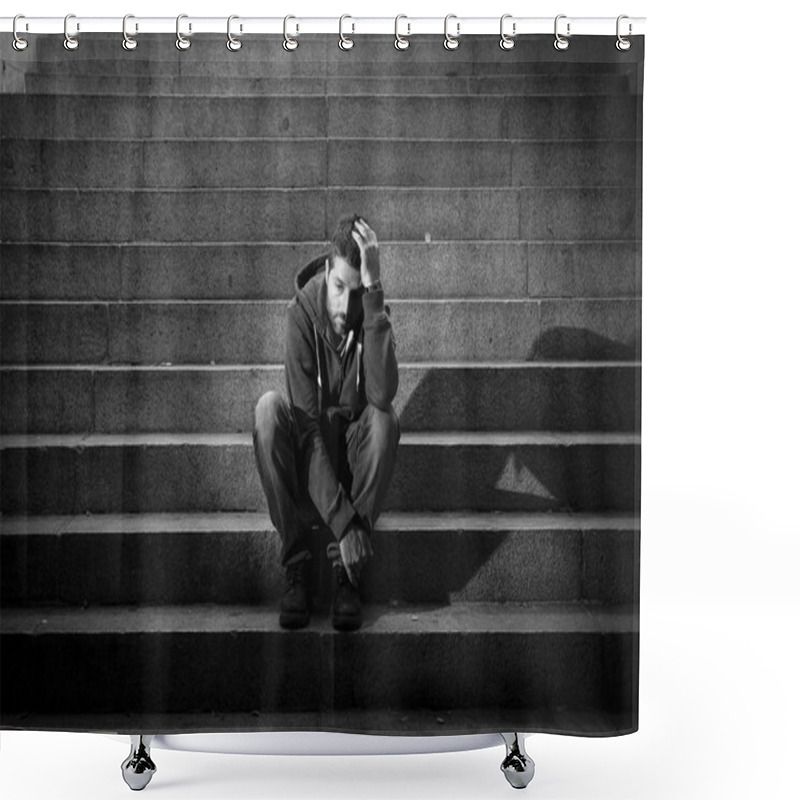 Personality  Young Man Lost In Depression Sitting On Ground Street Concrete Stairs Shower Curtains