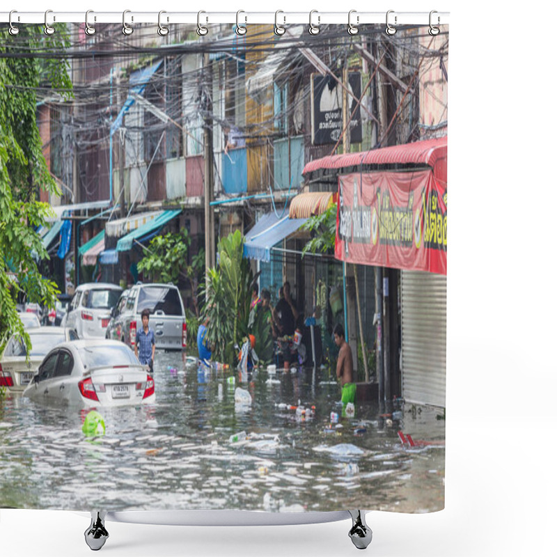 Personality  BANGKOK, THAILAND - OCTOBER 14 : Flooding In Din Daeng District After The Heaviest Rains In 30 Years In Bangkok On October 14, 2017. Shower Curtains