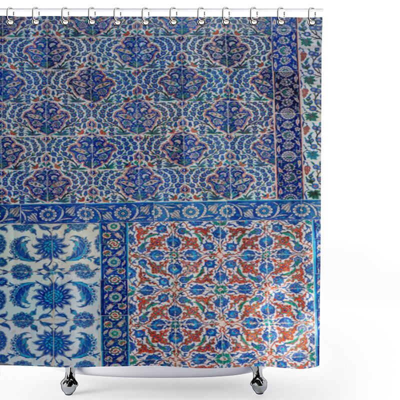 Personality  Blue Flower Patterned Iznik Mosaic Tiles Inside The Eyup Sultan Mosque On The European Side Of Istanbul, Turkey. Shower Curtains