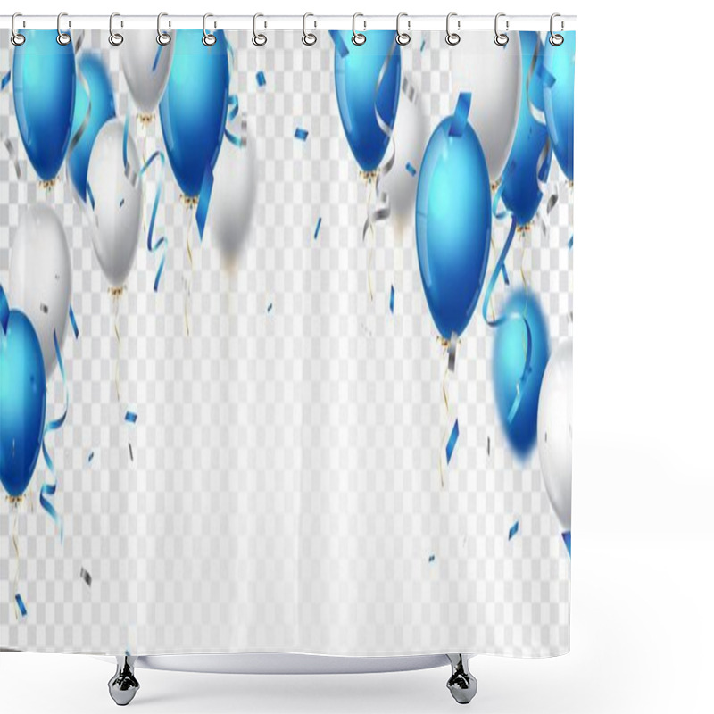 Personality  Vector Illustration Of Birthday Celebrations Banner With Blue, White Balloons And Confetti Shower Curtains