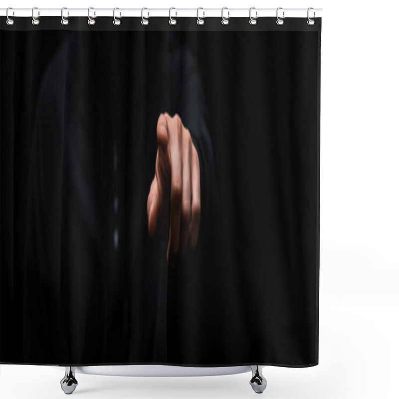 Personality  Panoramic Shot Of Hacker Pointing With Finger Isolated On Black  Shower Curtains