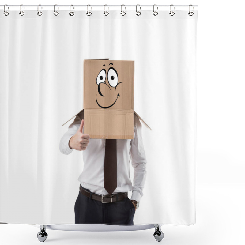 Personality  Businessman With Cardboard Box On His Head Showing Thumb Up, Isolated On White Shower Curtains