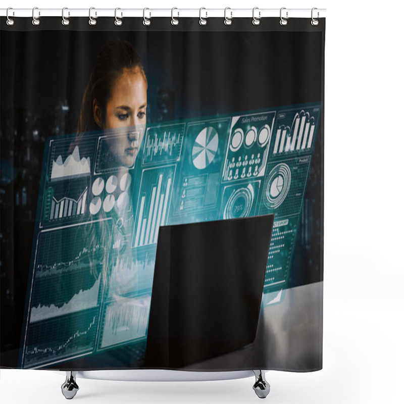 Personality  Big Data Technology For Business Finance Analytic Concept. Modern Interface Shows Massive Information Of Business Sale Report, Profit Chart And Stock Market Trends Analysis On Screen Monitor. Uds Shower Curtains