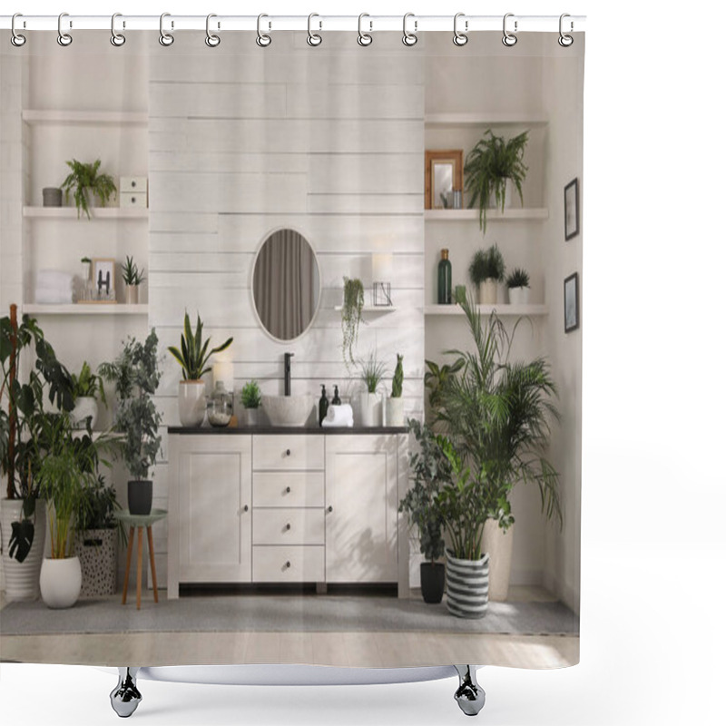 Personality  Stylish Bathroom Interior With Vessel Sink And Beautiful Plants Shower Curtains