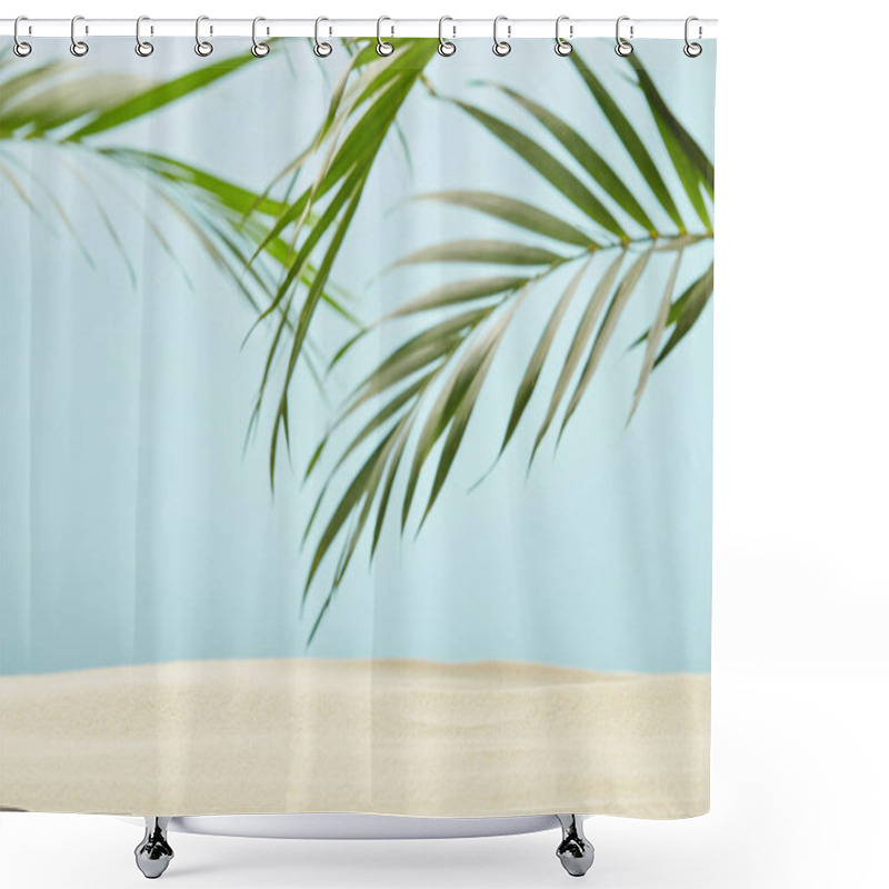 Personality  Green Palm Leaves Near Golden Sandy Beach On Blue Shower Curtains