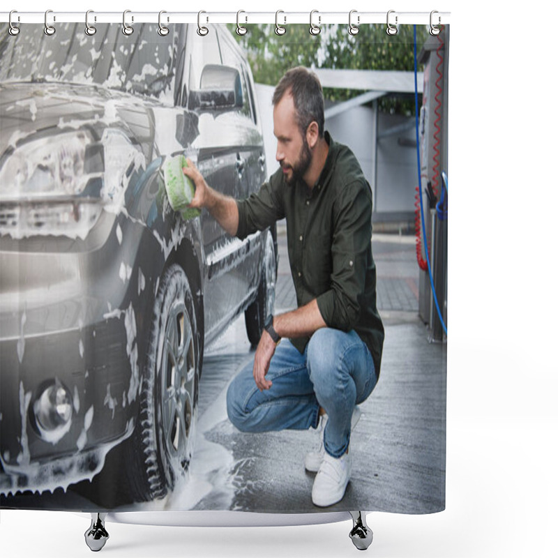 Personality  Handsome Man Squatting And Cleaning Car At Car Wash With Rag And Foam Shower Curtains