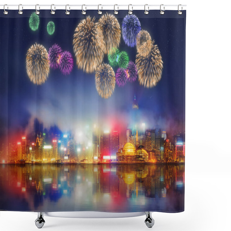 Personality  Beautiful Fireworks In Hong Kong And Financial District Shower Curtains