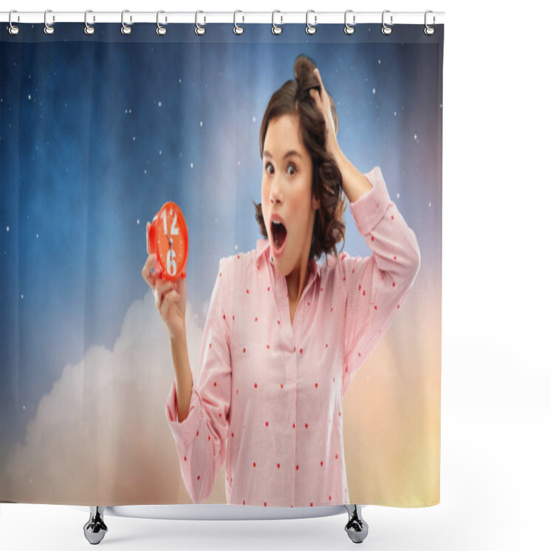 Personality  Shocked Young Woman In Pajama With Alarm Clock Shower Curtains