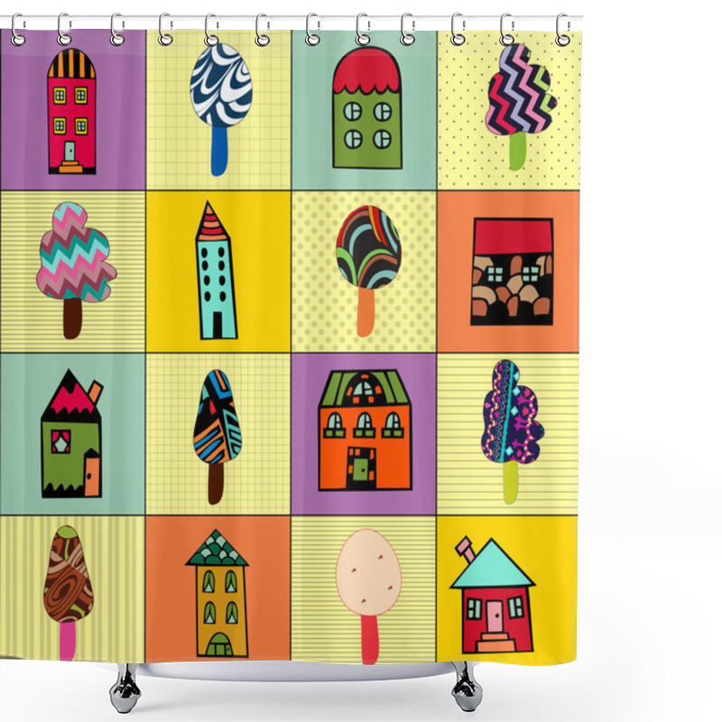 Personality  Pattern With Cartoon Houses And Trees. Shower Curtains