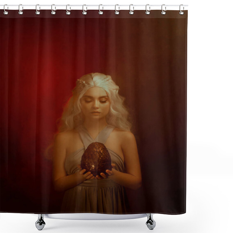 Personality  Beautiful Young Fairytale Woman Queen Is Holding Big Egg Of Mystical Fantasy Dragon. Blond Girl Long Wavy Flowing Hair Shower Curtains