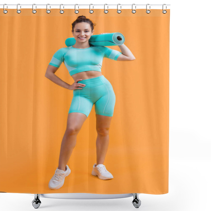 Personality  Positive Sportswoman In Sportswear With Fitness Mat In Studio. Fitness Sportswoman In Sportswear Hold Mat Isolated On Yellow Background. Fitness And Sport. Shower Curtains