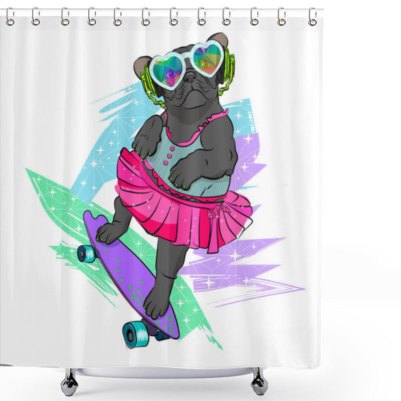 Personality  Funny Illustration With A Dog Girl On Longboard. Drawn Comic Illustration. Humanized Animals. Shower Curtains