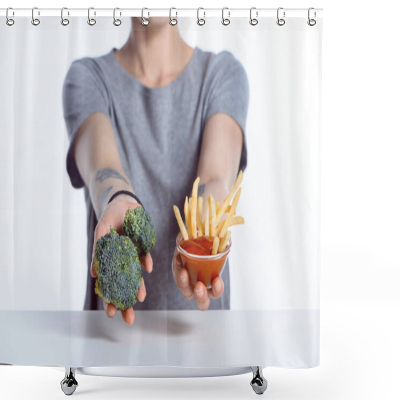 Personality  Cropped Shot Of Girl Holding Fresh Broccoli And Ketchup With French Fries Shower Curtains