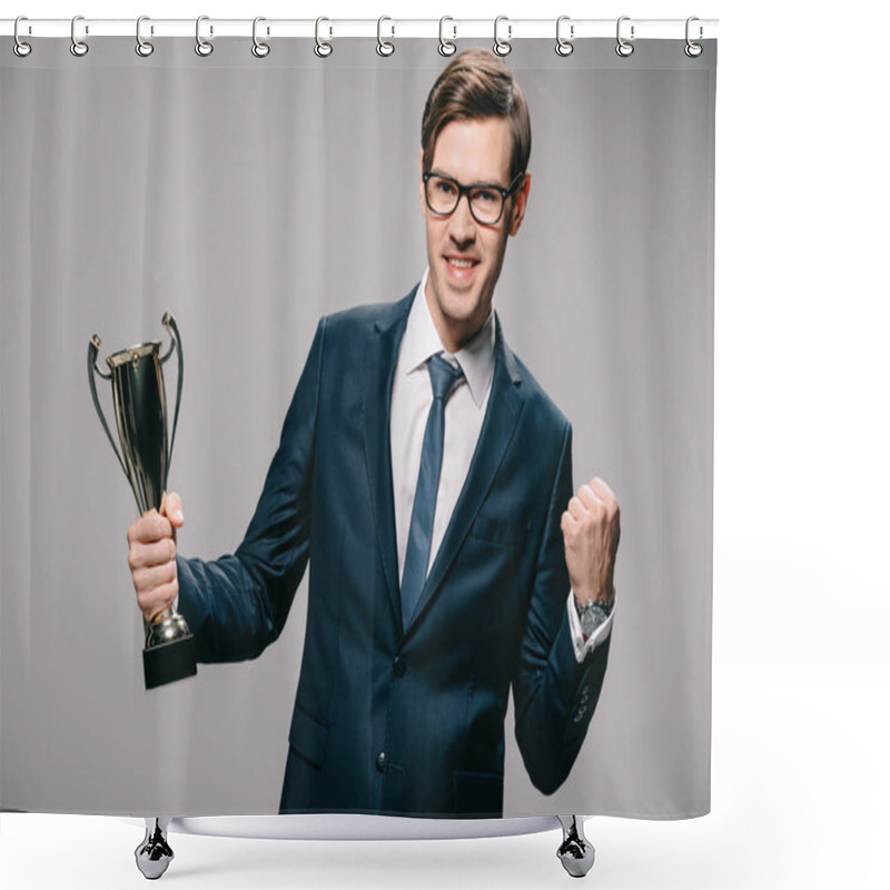 Personality  Handsome Businessman In Glasses Celebrating Victory And Holding Trophy In Hand On Grey Background Shower Curtains