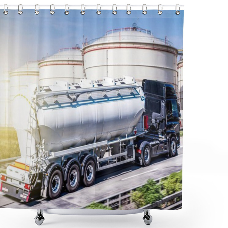 Personality  Truck Moves On The Road At Speed, Delivery Of Goods.  Fuel Tankers . Tank For The Carriage Of Liquid And Dangerous Goods Shower Curtains