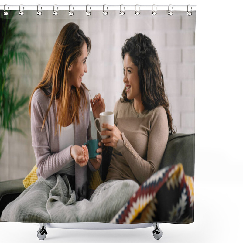 Personality  Female Best Friends Having Fun While Drinking Tea On The Sofa Shower Curtains