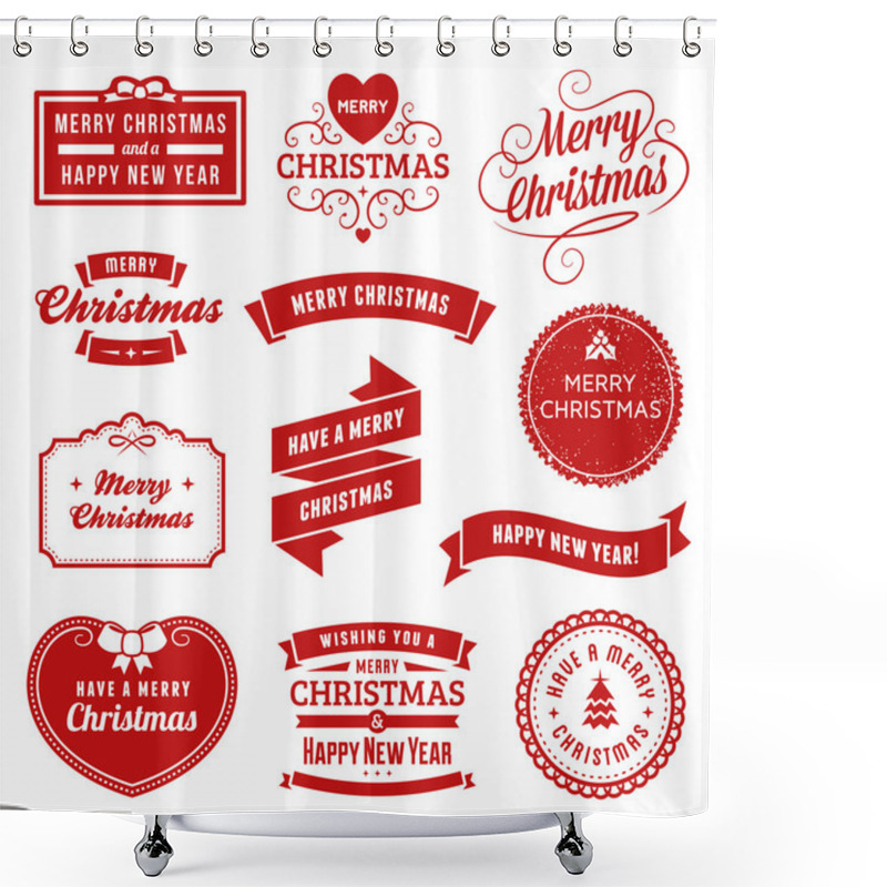 Personality  Collection Of Red Christmas Labels, Ribbons And Ornaments Shower Curtains