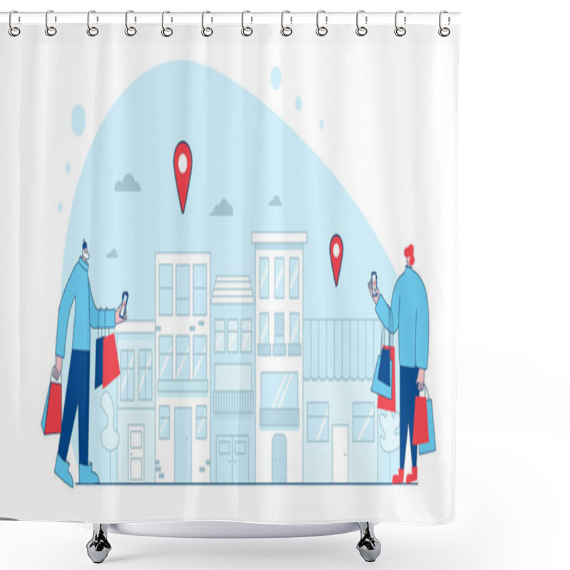 Personality  Shop Location. Characters With Shopping Bags Using Their Phones To Find A Store In Apps. Mans Dressed In Casual Trendy Clothes Standing At The Street With Mobile And Looking On The Map. Vector Scene. Shower Curtains