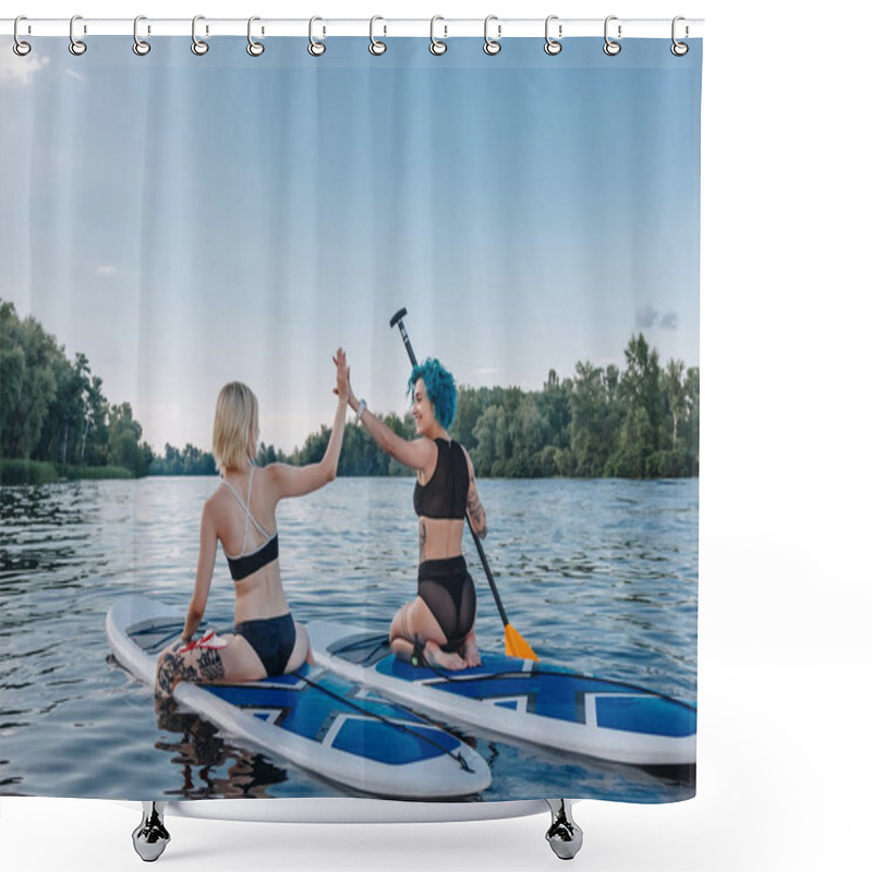 Personality  Athletic Women Giving Highfive While Sitting On Paddle Boards On River Shower Curtains