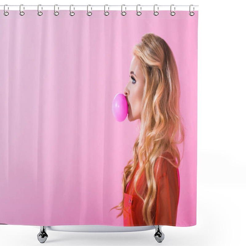 Personality  Side View Of Beautiful Girl Blowing Bubble Gum On Pink, Doll Concept Shower Curtains