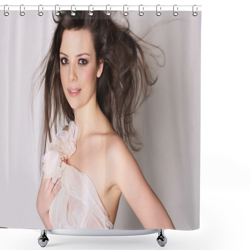 Personality  Studio Portrait Of Girl With Blowing Hair, Looking Romantic Shower Curtains