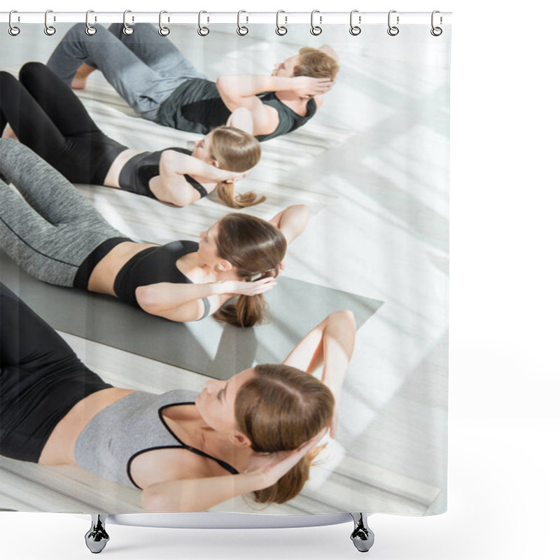 Personality  Overnead View Of Young Women And Man Practicing Yoga While Doing Press Ups Shower Curtains