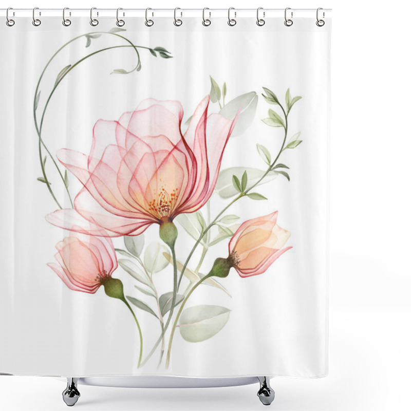 Personality  Watercolor Bouquet With Roses And Eucalyptus Branches. Big Transparent Peach Flowers With Curved Plants. Pastel Bright Composition In Modern Classical Style. Hand Painted Abstract Artwork. Shower Curtains