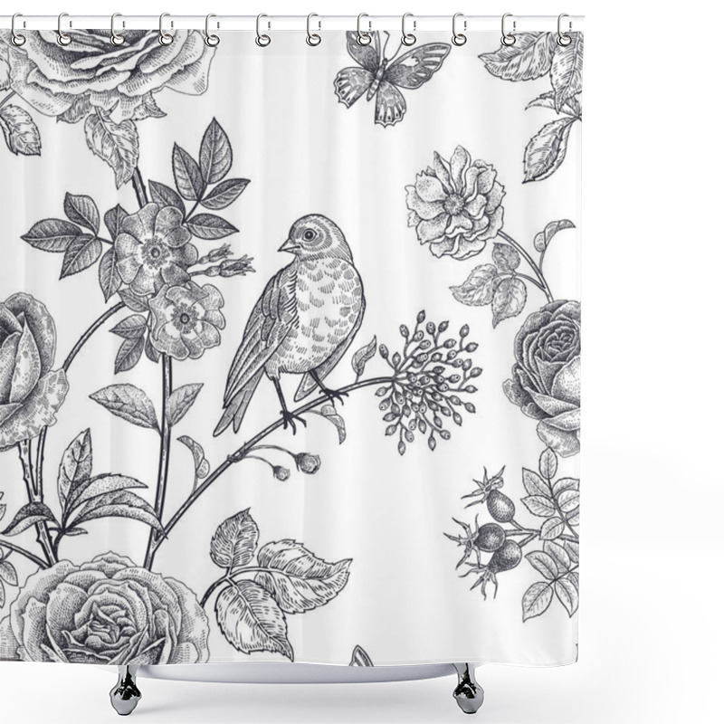 Personality  Garden Flowers Roses, Peonies And Dog Rose, Bird And Butterflies. Floral Vintage Seamless Pattern. Black And White. Victorian Style. Vector Illustration. Template For Luxury Textiles, Paper, Wallpaper Shower Curtains