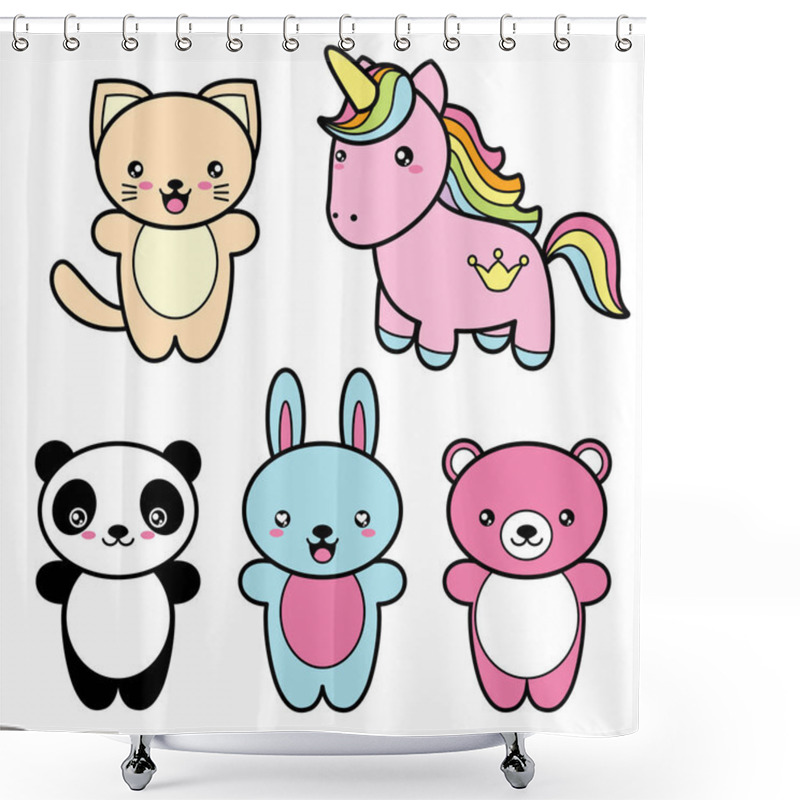 Personality  Set Collection Of Cute Kawaii Style Happy Smiling Animals. Shower Curtains